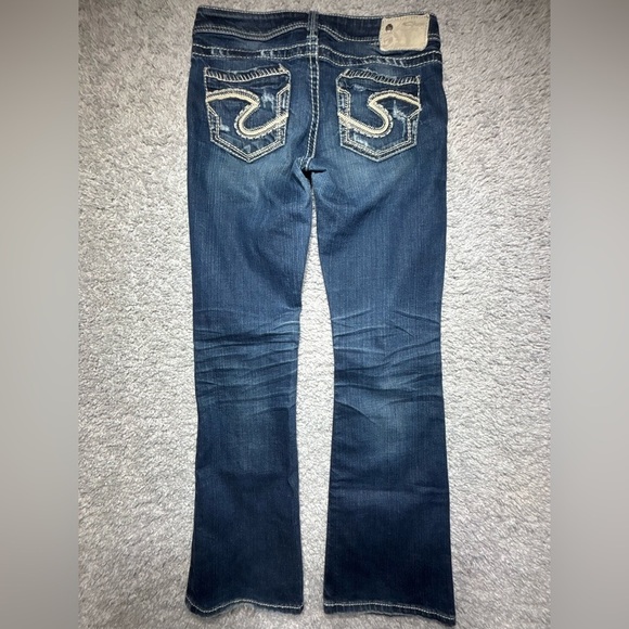 Silver Jeans Womens 28 Tuesday Slim Boot Cut Low Rise Dark Distressed Big Stitch - Picture 5 of 5